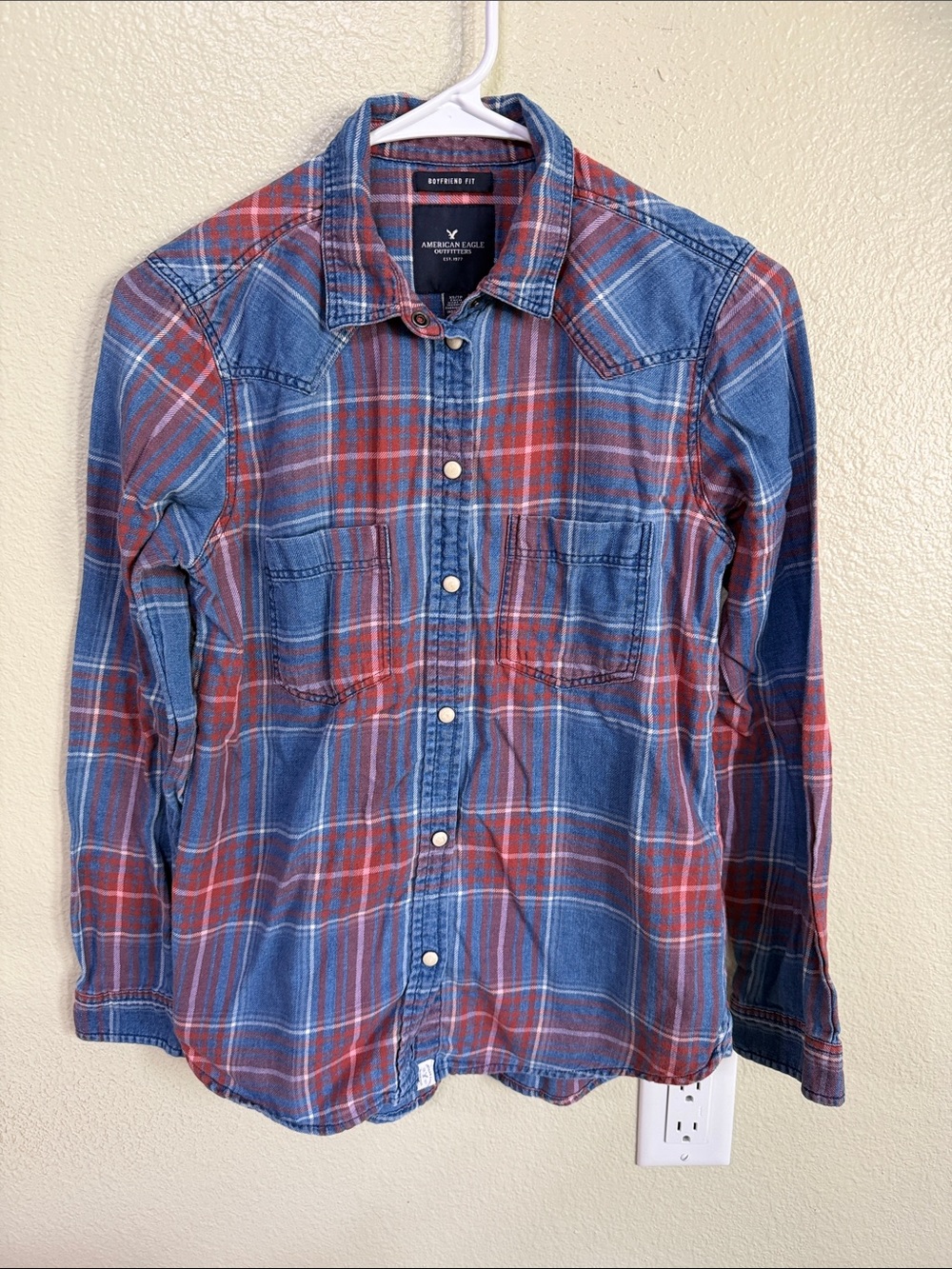 American Eagle Outfitters Red and Blue Plaid Snap-Front Shirt